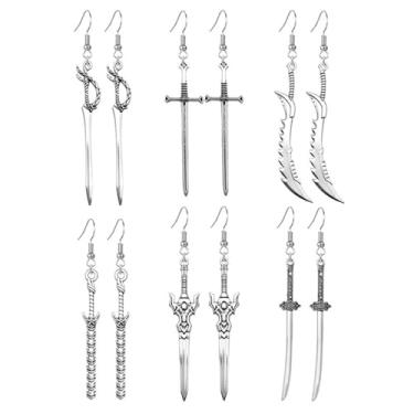 Imagem de coadipress 6 pares de brincos góticos longos de espada para mulheres, homens, exclusivos, retrô, espada, punhal, vintage, prata, estilo punk, brincos góticos, fantasias de Halloween, joias festivais