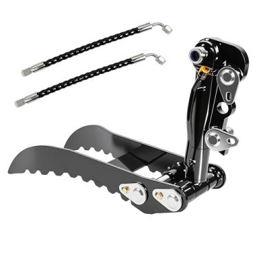 Imagem de Polegar hidráulico para miniescavadeiras de 0,8 a 3 toneladas – Braçadeira resistente com 2 mangueiras e parafusos M14 – Inclui suporte em forma de L e adaptadores M14-M16 – Serve para a maioria das