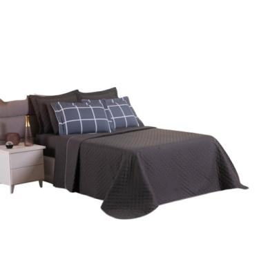 Imagem de Colcha Coxa Cobre Leito Jogo Roupa Cama Casal 5 Peças Matelado Bordado Decoração Quarto Linha Cinza Luxo Macio