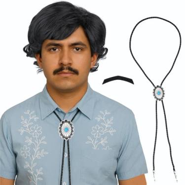 Imagem de AMZCOS Peruca preta curta para homens com bigode e gravata bolo para voto divertido fantasia masculina anos 70 anos 80 peruca cosplay para festa de Halloween