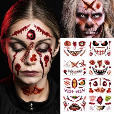 Imagem de 73 peças, 8 folhas de Halloween, cicatrizes falsas, tatuagens, tatuagens, tatuagens de rosto assustador, boca grande, decalques temporários, cicatrizes falsas, costuras, adereços de zumbi, decalques