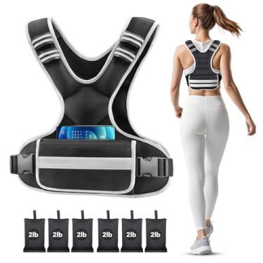 Imagem de Colete feminino com peso ajustável de 1,8 a 4,5 kg / 5,4 a 8,2 kg / 9 a 14,5 kg colete pesado masculino com 6 pesos de ferro, ombreiras e bolso grande para caminhada, corrida, crossfit, treinamento de