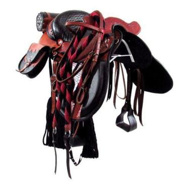 Imagem de Sela De Cavalo Inox 16 Poleg C/ Alforge Porta Whisky Havana e Preto Or