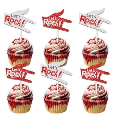 Imagem de 18pcs Glitter Red Let’s Rock and Roll Gesture Dessert Cupcake Topper Hip Hop Music Band Happy Birthday Party Theme Decoration Decor for Boy Favour Supplies Set