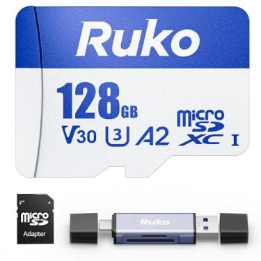 Imagem de Ruko Cartão micro SD 128G com leitor e adaptador, velocidade de cartão de memória de até 100 MB/s, UHS-I, C10, A2, U3/V30, 4K UHD, cartão TF de longa duração para câmera, smartphone, drone, console de