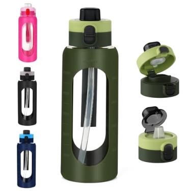 Imagem de ANOTION Garrafa de água de vidro de 1,134 g, garrafa de água esportiva grande com tampa de bebida dupla, garrafas de vidro transparentes à prova de vazamentos com canudo, jarro motivacional com manga