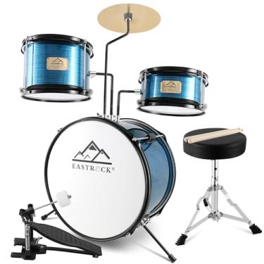 Imagem de EASTROCK Conjunto de bateria, 3 peças de 35,5 cm para baterista, iniciante, bateria para crianças de 5 a 7 anos com trono ajustável, prato, pedal, baquetas (azul)