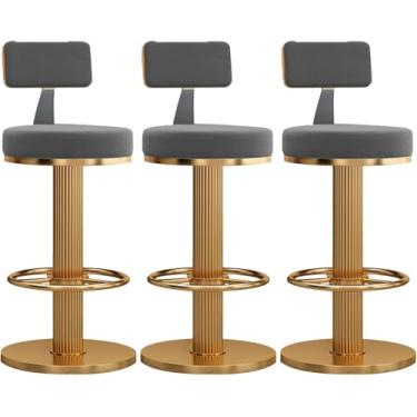 Imagem de Bancos de bar modernos, conjunto de 3 bancos giratórios de veludo de bar, altura do balcão, cadeiras de bar, altura ajustável para casa, bar, cozinha, cadeira de ilha, cinzento dourado