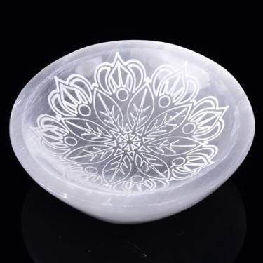 Imagem de JIC Gem Tigela grande de selenita gravada Marrocos, placa de carregamento de cristal para cura e limpeza, 14 cm
