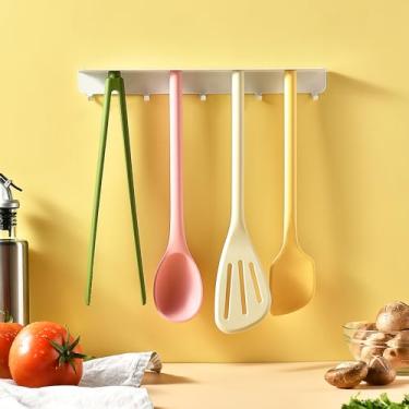 Imagem de Warewell Conjunto de utensílios de cozinha magnéticos com suporte de parede adesivo, [esquema de cores Macaron] Conjunto de utensílios de silicone coloridos para cozinhar, não tóxico, com espátula