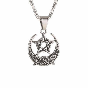 Imagem de Colar com pingente masculino e feminino com estampa de pentagrama da deusa da marcha celta e logotipo de triângulo celta, aço inoxidável 316L, design oco circular, corrente de aço inoxidável prata