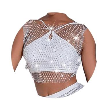 Imagem de Yokawe Top de malha de strass preto brilhante cristal transparente saída de biquíni boate festa raver roupas