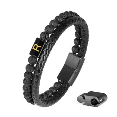 Imagem de FOCOOG Pulseiras de couro para presentes masculinos – Pulseira inicial de aço inoxidável com fecho magnético ajustável de pedra vulcânica natural vulcânica de couro legítimo premium, presentes
