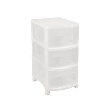 Imagem de Ordene - Gaveteiro Plástico de 3 Gavetas com Rodinhas para Locomoção, Tamanho Médio, Cor Cristal com Branca, Linha Vig
