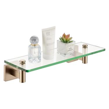 Imagem de KOKOSIRI Prateleiras de parede, ferragens de banheiro, prateleira flutuante de vidro de 30 cm para quarto, sala de estar, cozinha, rack de pendurar champanhe bronze B1105CPG-L12