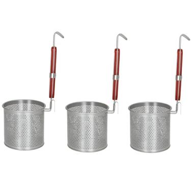 Imagem de Cesta de macarrão de malha de 3 peças para panela, escorredor com cabo redondo de madeira coador de aranha de malha de aço inoxidável para macarrão macarrão bolinho de vegetais