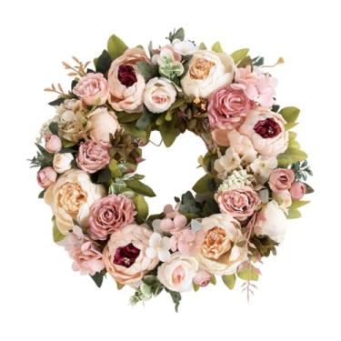 Imagem de Generic Guirlanda de primavera para porta da frente, folhas verdes, 16 pol., flores artificiais de peônia para parede, lareira, aniversário, inauguração de, Champanhe