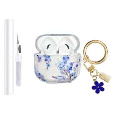 Imagem de AIIEKZ Capa compatível com AirPods 4 2024, TPU macio com estampa floral fofa para AirPods 4ª geração, capa com chaveiro de flores e kit de limpeza para meninas e mulheres (azul noturno)