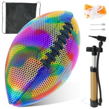 Imagem de Bola de futebol holográfica refletiva brilhante tamanho 9 couro PU que brilha no escuro, bola de rugby de textura antiderrapante com bomba e mochila, futebol luminoso brilhante para jovens adultos