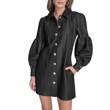 Imagem de BCBG Minivestido feminino de manga comprida com botão frontal e gola evasê, Preto, 34