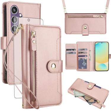 Imagem de Asuwish Capa de celular para Samsung Galaxy S24 FE 5G carteira com zíper, protetor de tela de vidro temperado e alça de pulso transversal, porta-cartão de crédito S 24 EF AI S24FE 24S mulheres meninas