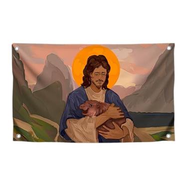 Imagem de Bandeira de meme fofa com Deus e hipopótamo pequeno com quatro argolas de latão - pôster durável incrível de um lado para adolescentes - Bandeiras de tapeçaria de poliéster para decoração de parede e