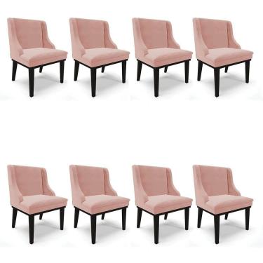 Imagem de Kit 8 Cadeiras Estofadas para Sala de Jantar Base Fixa de Madeira Preto Lia Veludo Rosê - Ibiza