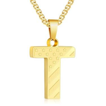 Imagem de Zocomi Colar com pingente de inicial da bandeira americana para homens e meninos, corrente de aço inoxidável 316L A-Z caixa de letras 50 + 5 cm joias presentes, Aço inoxidável, Sem Pedra Preciosa