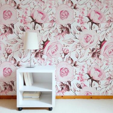 Imagem de ESSMOKO Papel de parede colorido planta flor hidrosol papel de parede sala de estar quarto escritório decoração de fundo adesivo de parede rosa peônia 45 * 600 cm