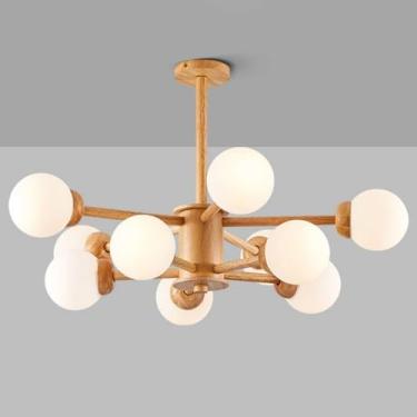 Imagem de Lustre moderno de vidro para sala de jantar, lustre de vidro leitoso de madeira de fazenda, luz de teto embutida, luz pendente para cozinha, ilha, quarto, sala de estar, madeira, 10 luzes