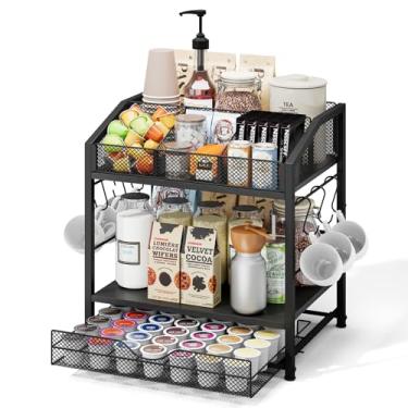 Imagem de Homsorout Organizador de cafeteria – Estação de café de bancada, cesta de armazenamento de 42 K com gaveta e ganchos para xarope, xícaras, agitador, condimento, organizador de chá, preto