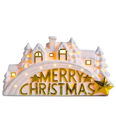 Imagem de Decoração de vila de Natal de cerâmica iluminada – Cena de casa de LED branco de 28 cm com placa dourada "Feliz Natal" – Decoração de mesa de feriado operada por bateria para cornija, prateleira ou