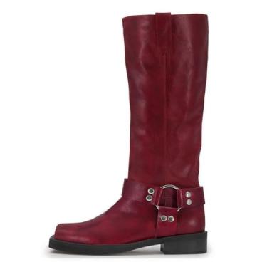 Imagem de ZJGZF Botas femininas de cano alto de couro com tachas de motociclista, bico quadrado, salto grosso, sem cadarço, botas largas de cano médio, sapatos de inverno bonitos e confortáveis, Borgonha, 37