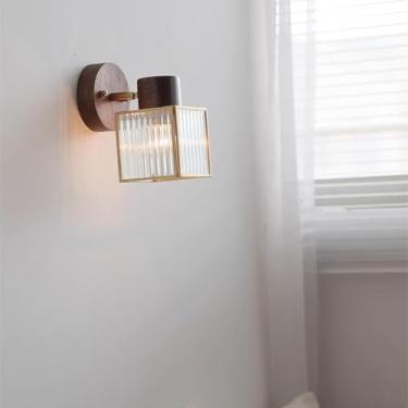 Imagem de Luminárias de parede de abajur de vidro transparente, criativas, americanas, redondas, base de nogueira, arandelas de parede, base E26/E27, ajustável, para quarto, luz de parede para corredo