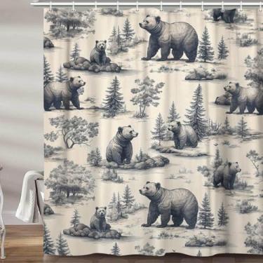 Imagem de MERCHR Cortina de chuveiro de urso, cortinas de chuveiro cinza animal árvore floresta fazenda para banheiro, cabana rústica, tecido infantil, acessórios de decoração de banheiro com ganchos 182 x 182