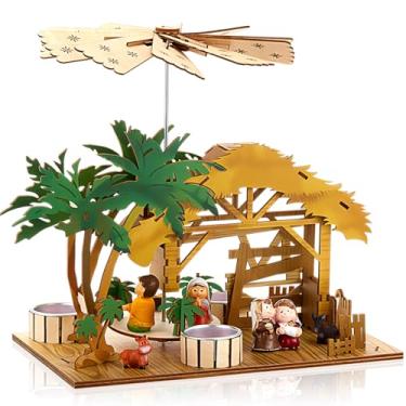 Imagem de Amyhill Decoração de carrossel de Natal de 21 cm com 3 suportes de candler, conjunto de presépio em pirâmide de madeira, sob a árvore de Natal e mesa (o produto não contém velas)