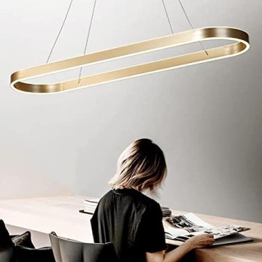 Imagem de Luminária pendente de mesa de jantar moderna LED regulável com controle remoto para decoração de sala de estar e jantar, luminária pendente oval com altura ajustável (dourada, C120 cm)