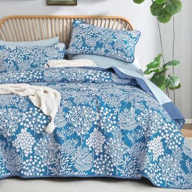 Imagem de WONGS BEDDING Conjunto de colcha floral, conjunto de colcha de cama king, 3 peças, azul-petróleo, colchas botânicas, colchas de cama macias e leves com flores de fazenda, conjunto de cama para