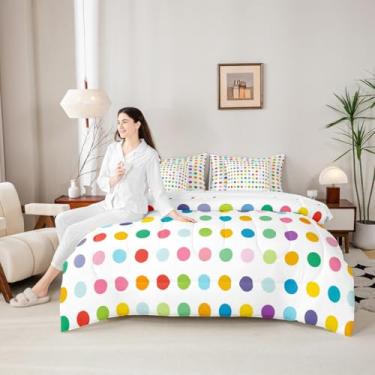 Imagem de Conjunto de cama Queen, com 7 peças, estampa de bolinhas coloridas, estilo francês, para adolescentes, kawaii, círculos, geométrico, simples, chique, com lençóis, fronhas