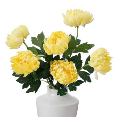 Imagem de GAUIOGI Buquê de flores artificiais de crisântemo amarelo, 6 peças, mamães falsas de seda de altura de 45,72 cm, haste longa dobrável para arranjo de vasos, decoração de casa, festa, casamento
