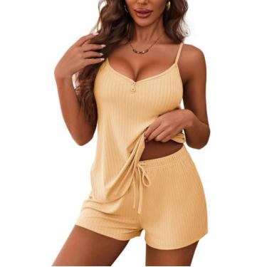 Imagem de Conjunto de pijama feminino Ekouaer sem mangas com decote em V e short