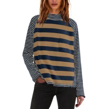 Imagem de Camisa feminina Panadila, manga comprida, listrada, gola alta, azul ma