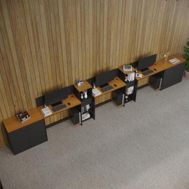 Imagem de Conjunto De Escritório Tech 2 Livreiro 2 Buffet E 3 Mesas 90 - Preto E Cedro Preto E Cedro
