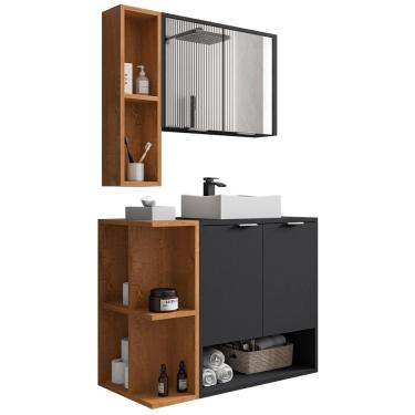 Imagem de Gabinete Para Banheiro Com Cuba e Espelho Siesta B02 Preto Fosco Naturalle - Lyam Decor