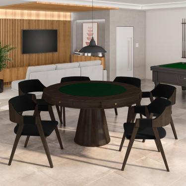 Imagem de Conjunto Mesa de Jogos Carteado Bellagio Tampo Reversível e 6 Cadeiras Madeira Poker Base Cone Veludo Preto/Capuccino G42 - Gran Belo