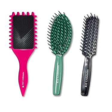 Imagem de Kit Escova Cabelo Fitagem Onda Cachos + Escovas Raquete Vazada Retangular e Oval - RJI Utilidades
