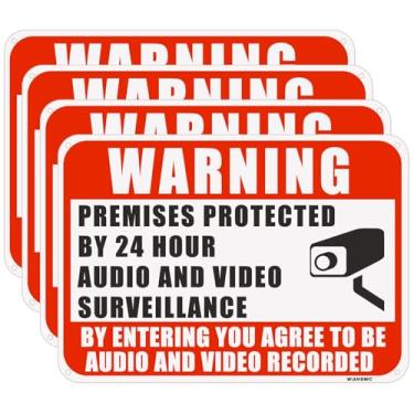 Imagem de Premissas de aviso de 4 peças protegidas por vigilância de áudio e vídeo 24 horas, 25,4 x 17,8 cm - alumínio - Você está sendo gravado, câmera em uso, sinais de monitoramento, fácil de montar