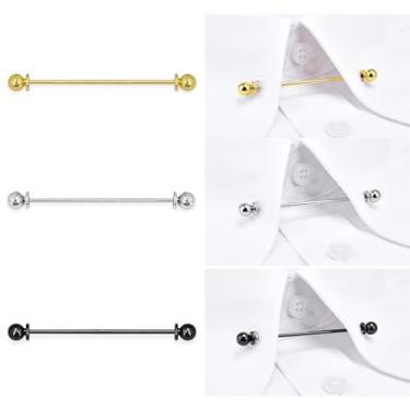 Imagem de 3 broches de colarinho para homens clássicos de lapela com cabeça esférica dourada, prata, preta, colarinho de camisa para homens, acessórios de terno de negócios de casamento
