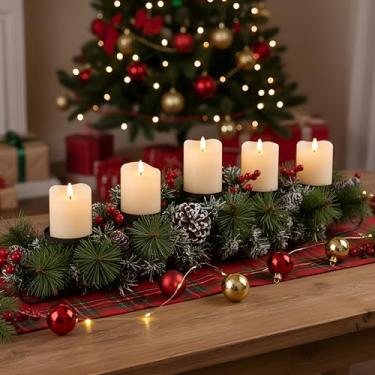 Imagem de Yungyan Peça central de mesa de Natal 76 cm, inclui 5 castiçais de LED operados por bateria, frutas vermelhas, pinhas e base, decorações de mesa de jantar artificiais de Natal