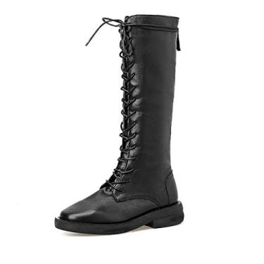 Imagem de Bigfanshu Botas femininas de cano alto femininas 2019 inverno tendência vento cadarço plana crianças, Preto, 37 M EU